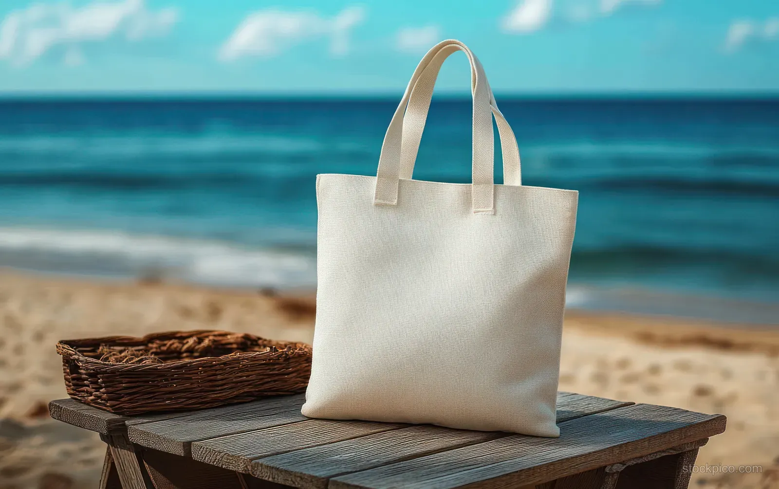 A blank white minimalist tote bag rests on a wooden beach table with ocean waves behind it.