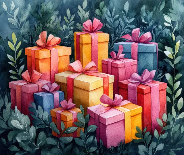 Colorful wrapped Christmas gift boxes with ribbons are arranged among leafy green foliage in watercolor style.