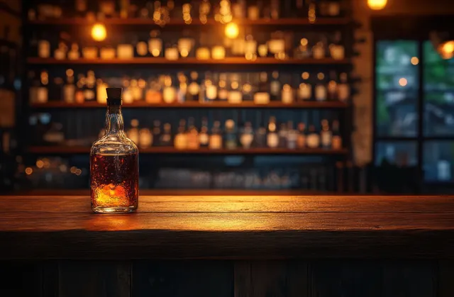Amber liquor bottle standing on wooden bar counter in a dim, warm cocktail bar