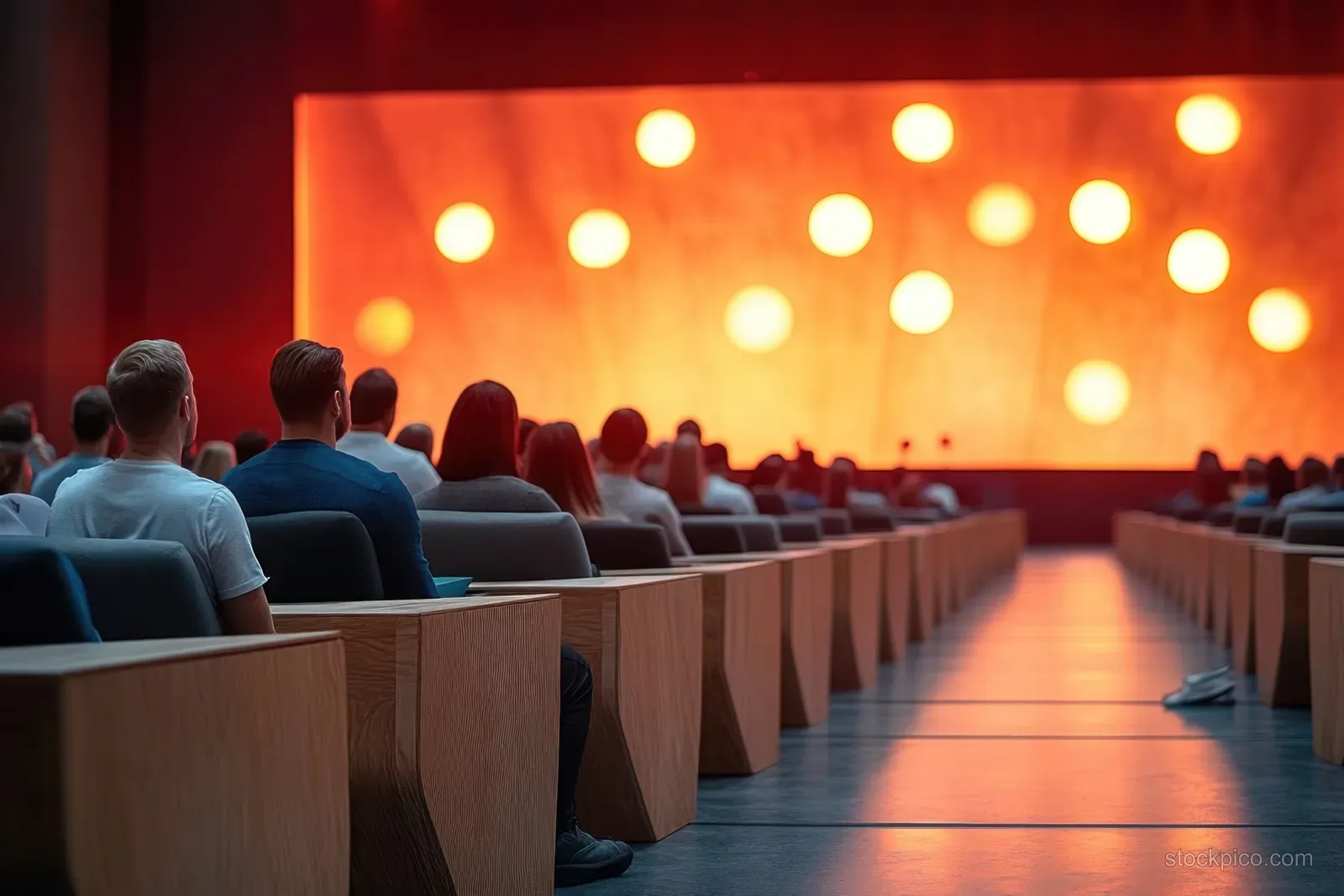Audience members sit in rows watching an orange-lit stage with circular light patterns in a modern auditorium.