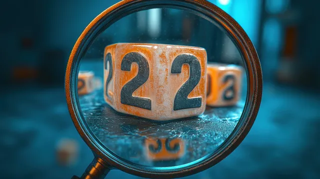 Magnifying glass enlarges ceramic dice with the number 2025 on a blue blurred background.