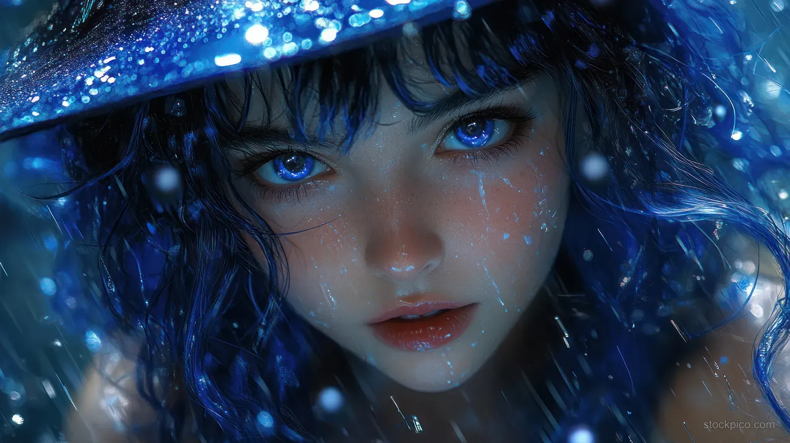 Blue-haired anime girl with rain streaks and glowing hat light, with a bat companion in a dark stormy scene.
