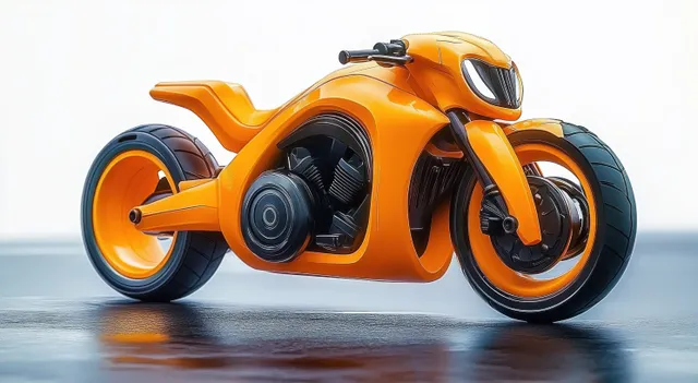 Orange futuristic motorcycle with aerodynamic fairings sitting on a reflective floor in a bright studio.