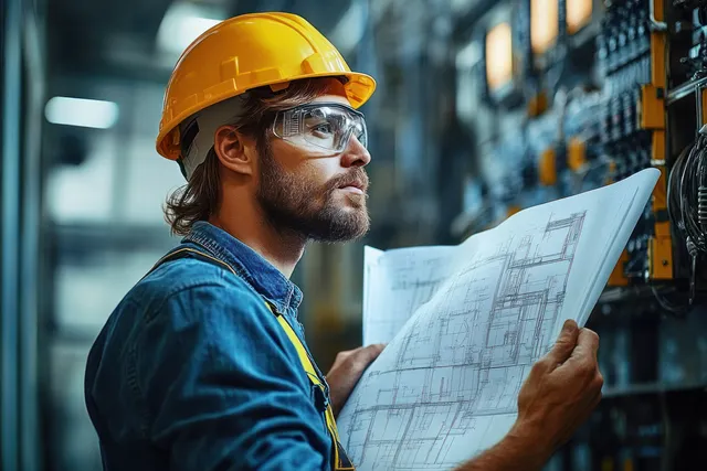 A helmeted engineer holds a blueprint and inspects an electrical control panel in an industrial corridor.