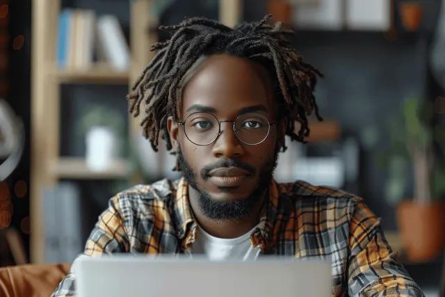 A man with dreadlocks and glasses types on a laptop in a warm home office with bookshelves and plants.