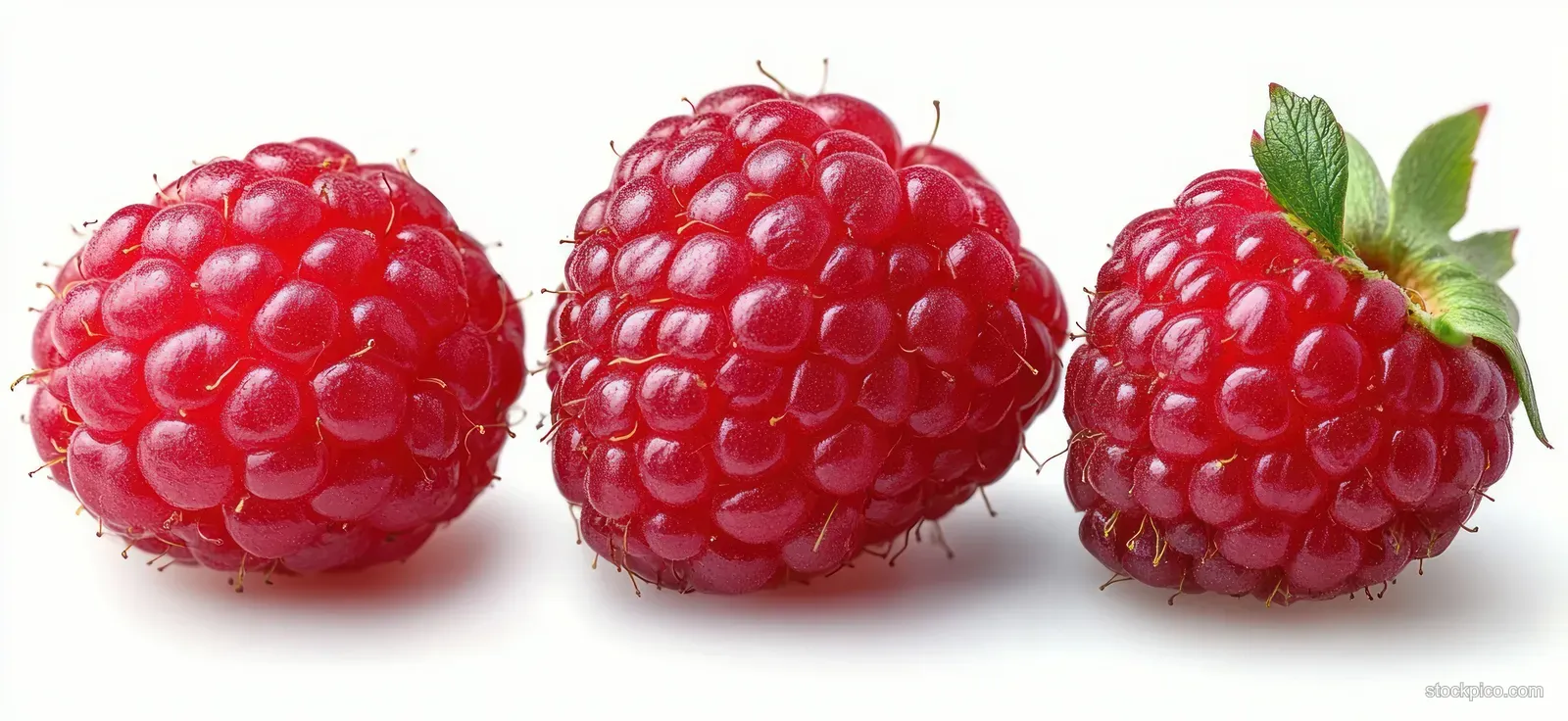 Three ripe red raspberries with textured seeds and a small green leaf on a white background.