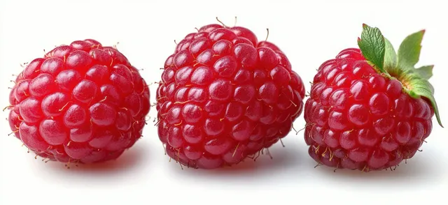 Three ripe red raspberries with textured seeds and a small green leaf on a white background.