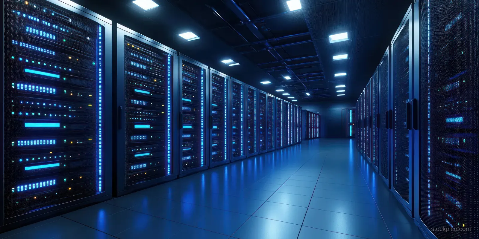 Blue LED-lit server racks line a hallway inside a clean data center with overhead lights.