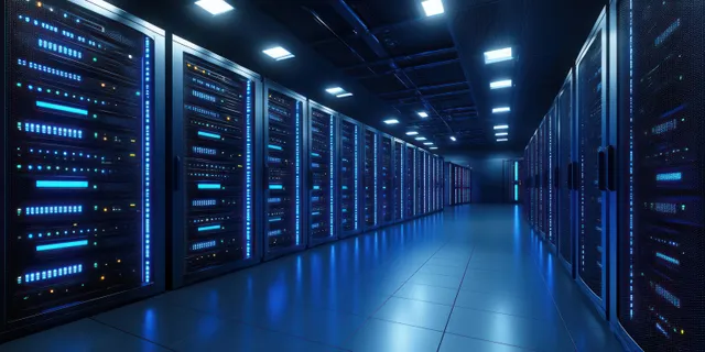 Blue LED-lit server racks line a hallway inside a clean data center with overhead lights.
