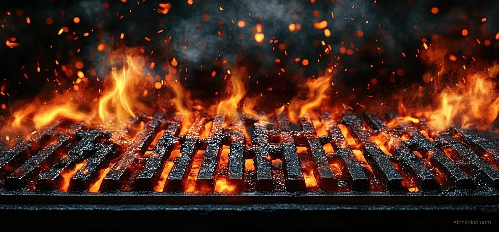 Close-up of a flaming barbecue grill with glowing embers and orange flames across metal grates in the dark.