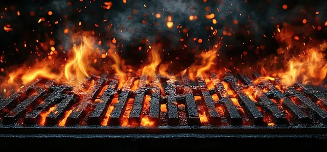 Close-up of a flaming barbecue grill with glowing embers and orange flames across metal grates in the dark.