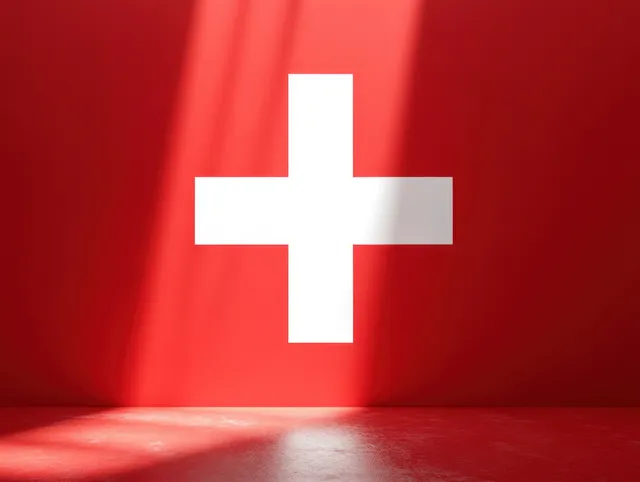 A white cross symbol is centered on a red wall with light casting shadows across a smooth red floor.