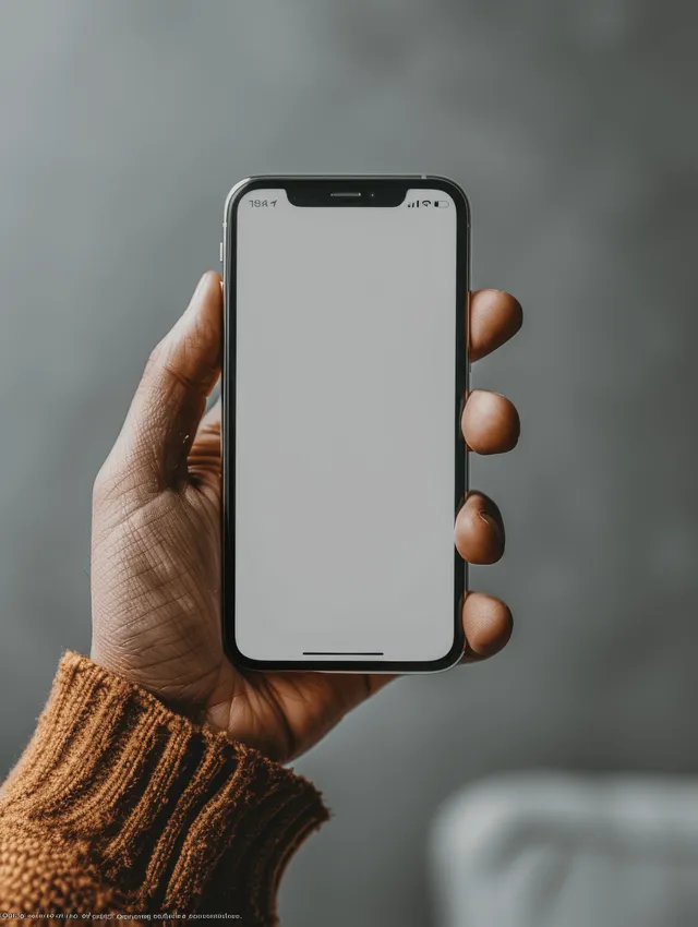 A hand holds a smartphone with a blank white screen against a soft gray background.