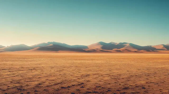 Vast arid desert landscape at golden hour with distant rolling mountains under a clear blue sky.