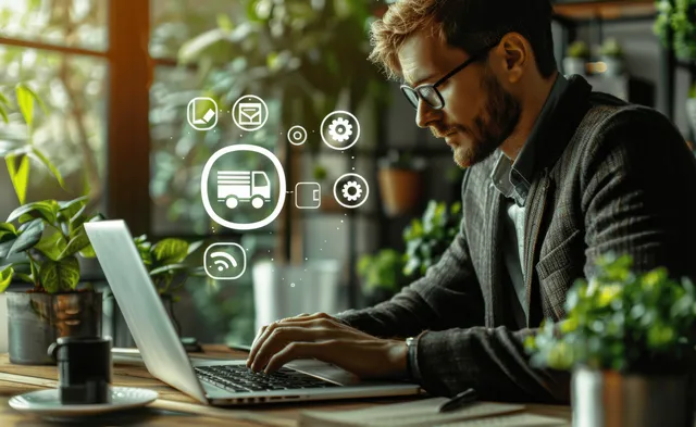 Businessman working on laptop with glowing eco icons for CO2 emission reduction