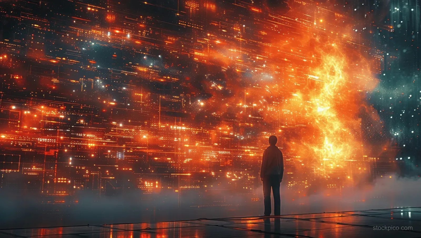 A lone silhouette stands on a reflective platform while glowing data streams and grid lines erupt into orange light.