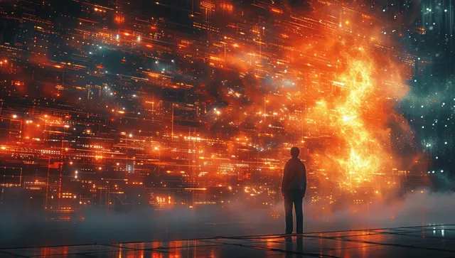 A lone silhouette stands on a reflective platform while glowing data streams and grid lines erupt into orange light.