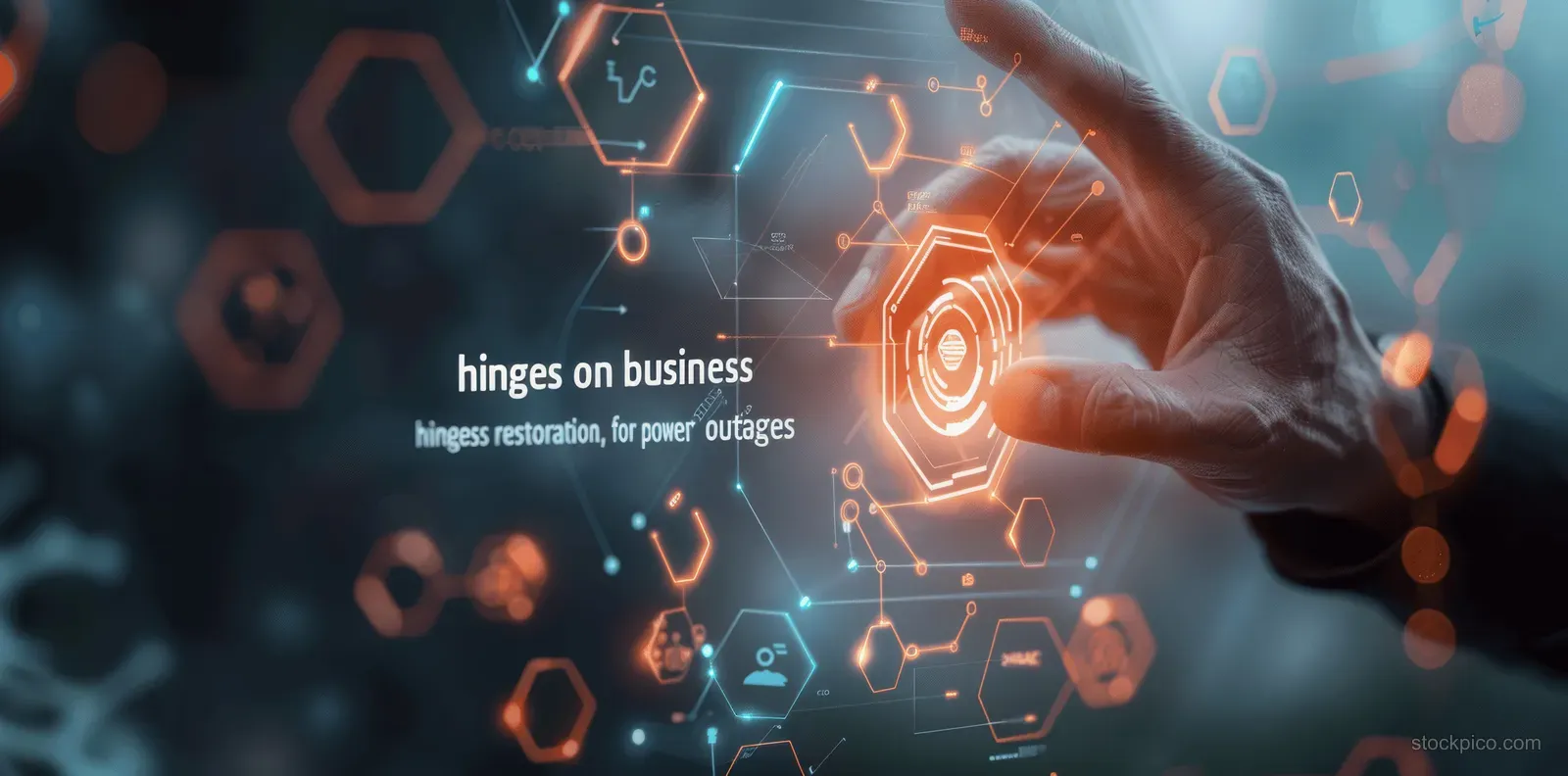 A hand adjusts glowing digital icons for business continuity and disaster recovery planning on a dark background.