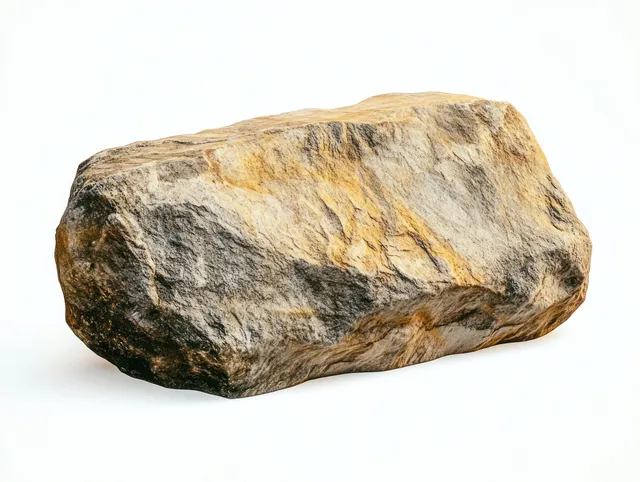 Large rough rock boulder with brown grey yellow streaks isolated on clean white background
