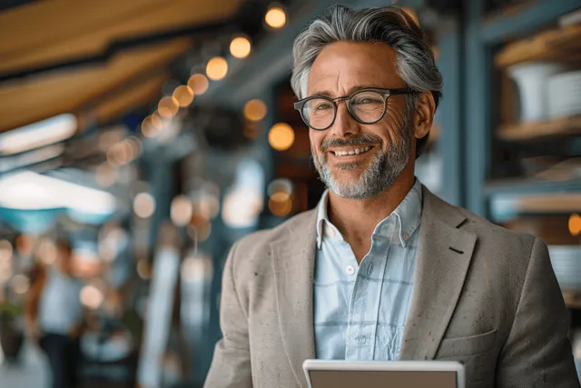 Happy middle-aged businessman smiling while holding a digital tablet in a modern office