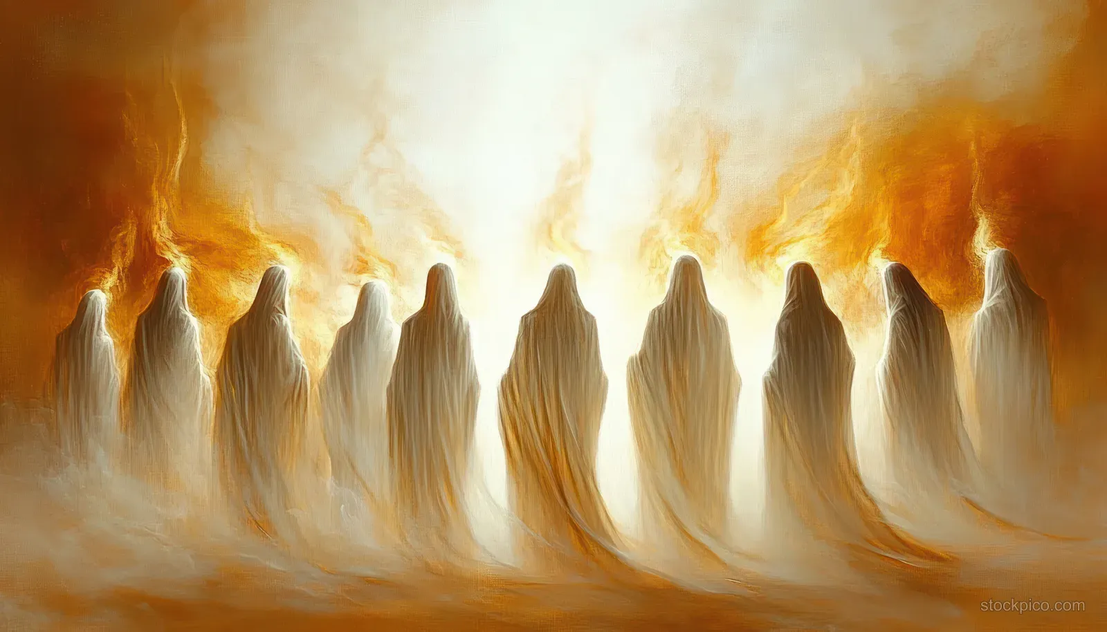 Fiery tongues of light descend onto a line of praying believers in a golden, misty Jerusalem setting.