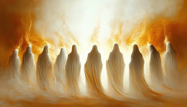 Holy Spirit fire descends over gathered believers in Jerusalem during Pentecost celebration