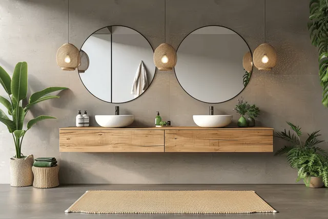 Minimalist bathroom vanity with double sinks, wooden counter, and round mirror lights