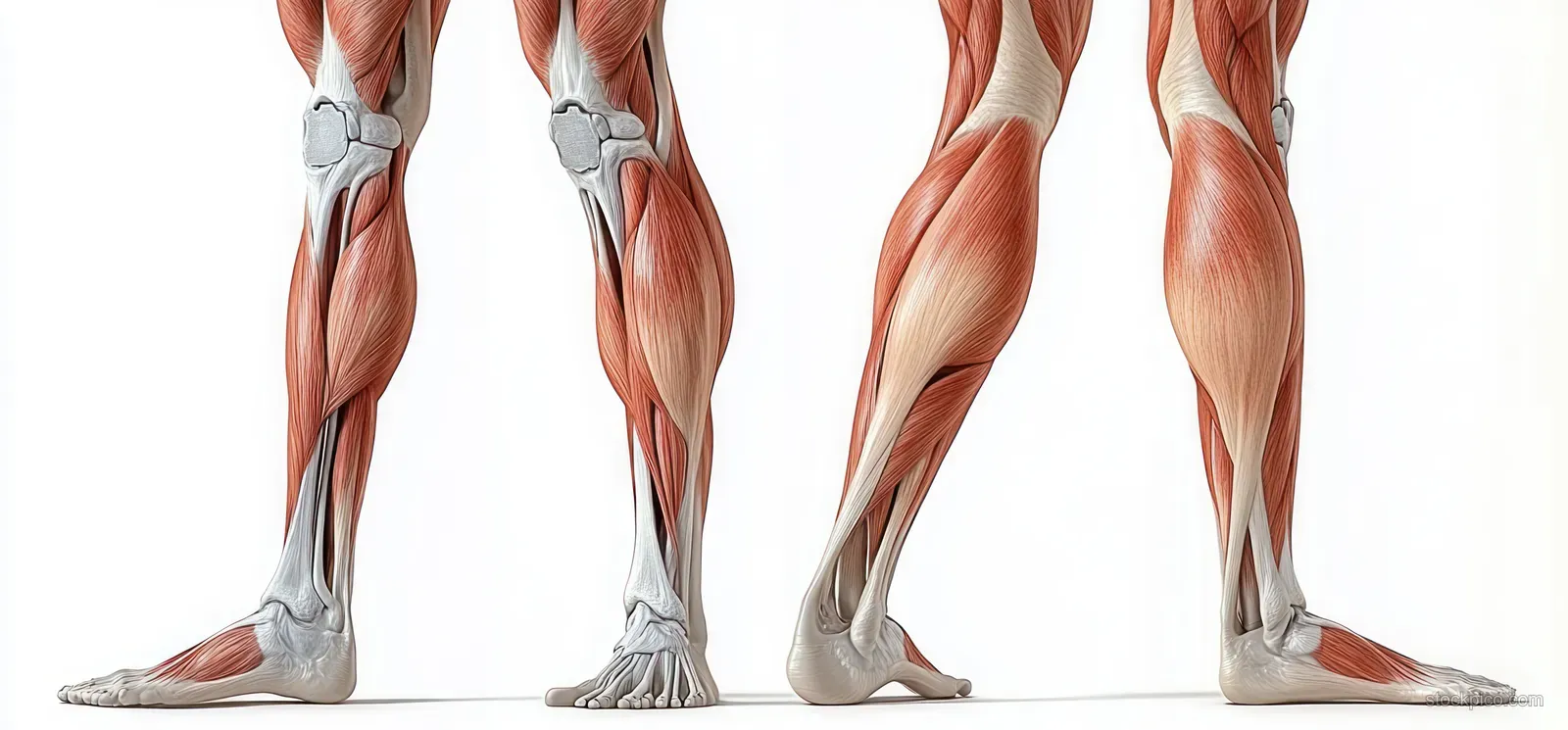Anatomical leg study displaying muscles and bones in front and back positions against a white background.