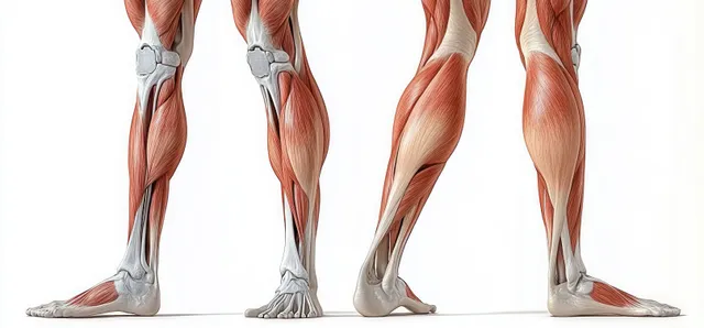 Anatomical leg study displaying muscles and bones in front and back positions against a white background.