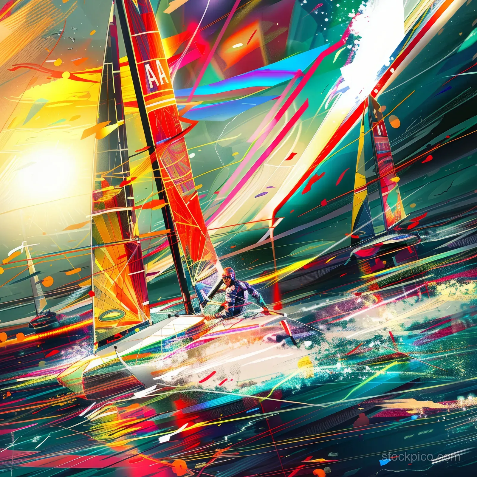 A neon-accented Finn sailboat races through churning waves with streaking light trails and wind-stressed sails.