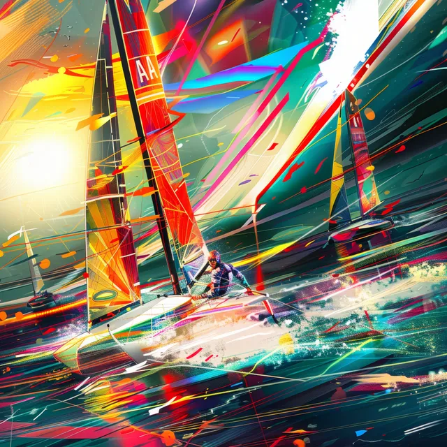 A neon-accented Finn sailboat races through churning waves with streaking light trails and wind-stressed sails.