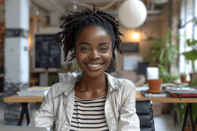 Una mujer negra sonriente sostiene un smartphone mientras está sentada en un escritorio de oficina moderno con un portátil abierto.