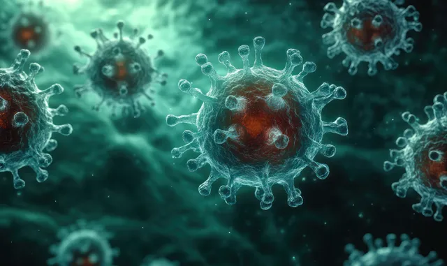 Microscopic virus particles floating in dark teal lab-like bio background with glow
