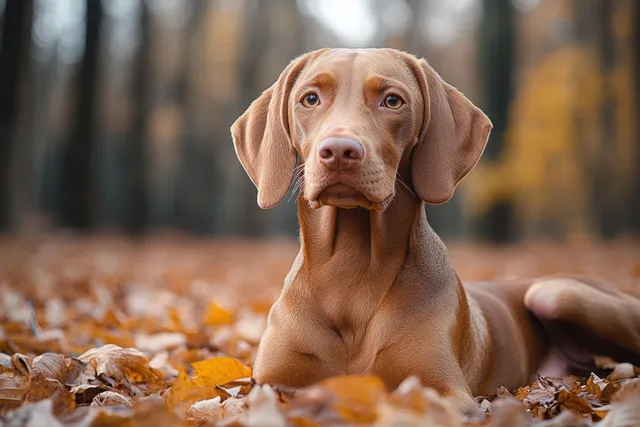 Brown puppy lying among fallen autumn leaves in a forest with an alert expression and blurred background.