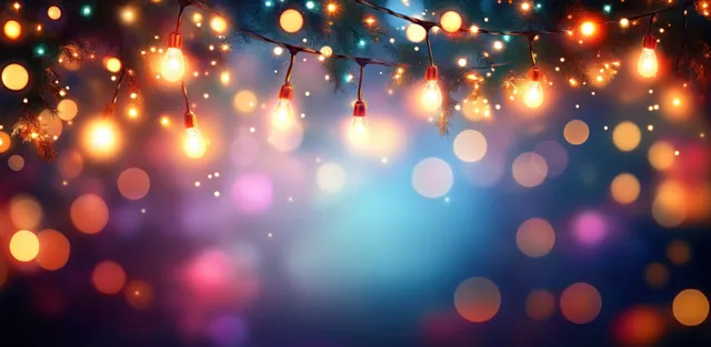 Colorful string lights form glowing bokeh circles across a dark festive night background.