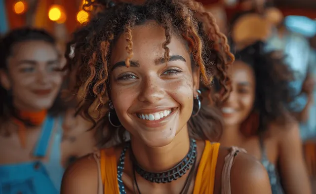 A smiling young woman stands in front while her friends laugh and chat in a softly lit city street background.