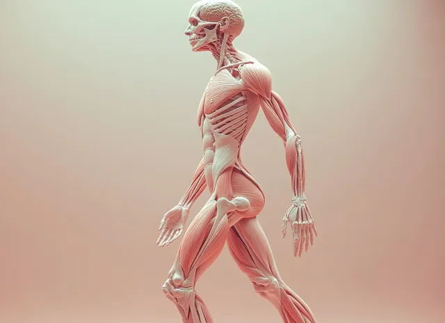 3D human figure anatomy view with transparent muscles and skeleton, showing labeled blood vessels on a soft background.