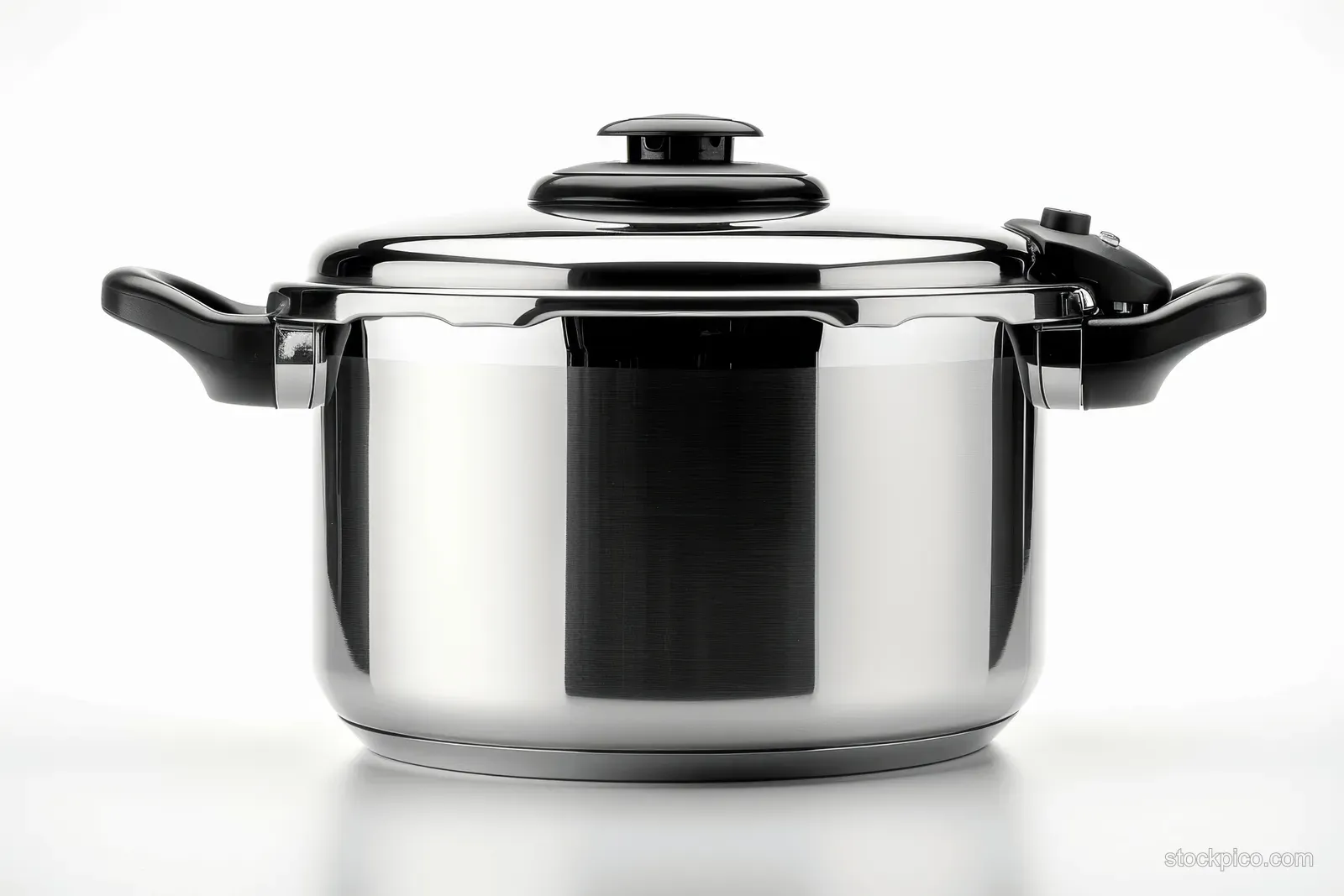 Stainless steel pressure cooker with closed lid and visible steam valve isolated on a white background.