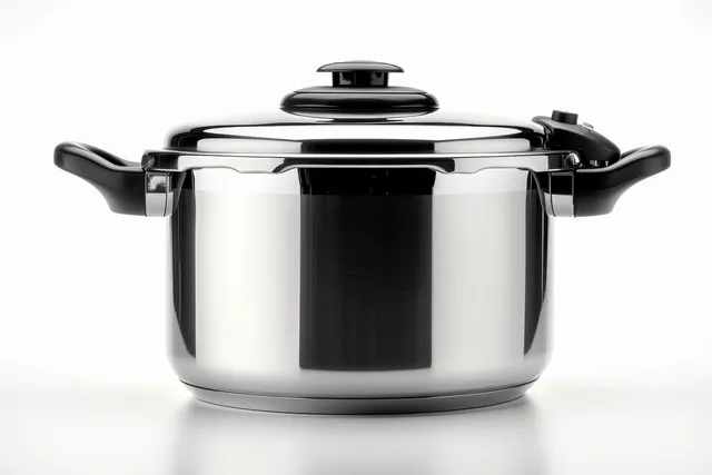 Stainless steel pressure cooker with sealed lid and steam valve shown on white background