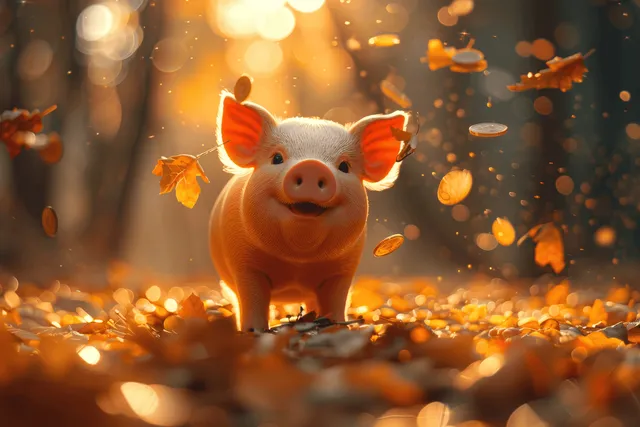 A pink piggy bank with golden coins scattered around it in warm autumn sunlight and bokeh.