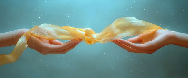 Yellow ribbon loop held by hands in teal water with soft glowing bokeh