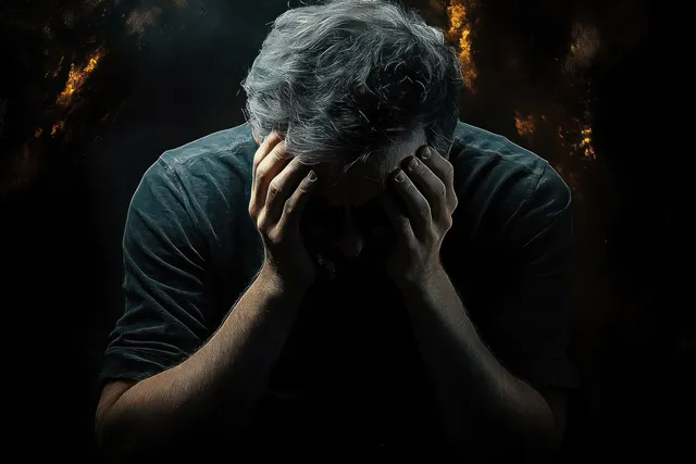 Distressed older man sits in darkness with gray hair, hands on head.