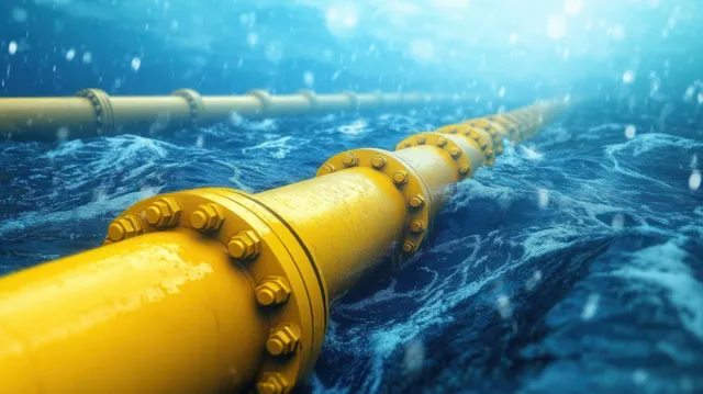 Yellow underwater pipeline segment with bolted joints stretching over dark blue ocean water.
