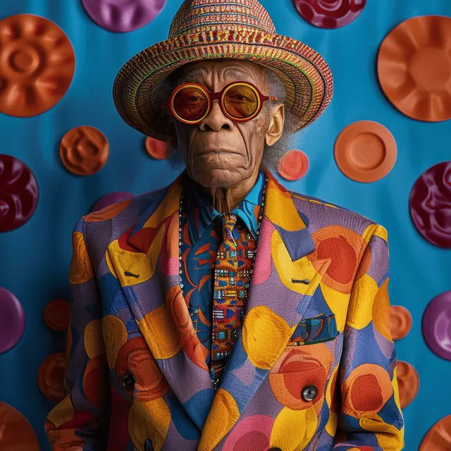 An elderly man poses in a colorful 70s suit and hat with round sunglasses in front of circular patterned wall.