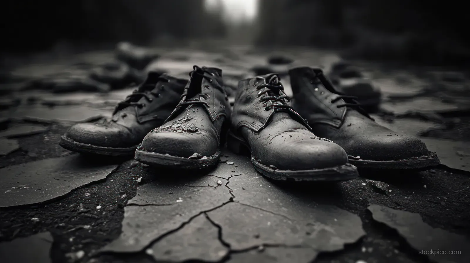Four worn black boots sit on cracked dry ground in a dark monochrome outdoor scene.