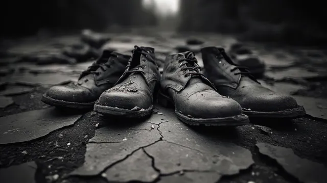 Four worn black boots sit on cracked dry ground in a dark monochrome outdoor scene.