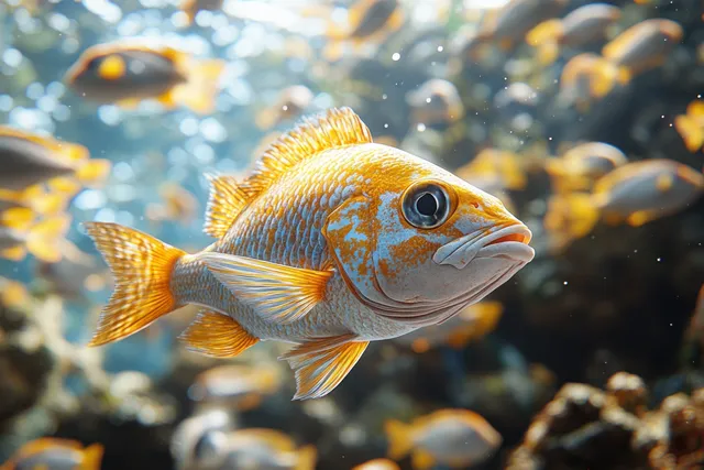 Emperor fish glides underwater near coral while sunlight sparkles and other fish swim in the background.