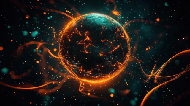 Glowing fiery globe with illuminated cracks, swirling particles and electric energy arcs with Space Visualization