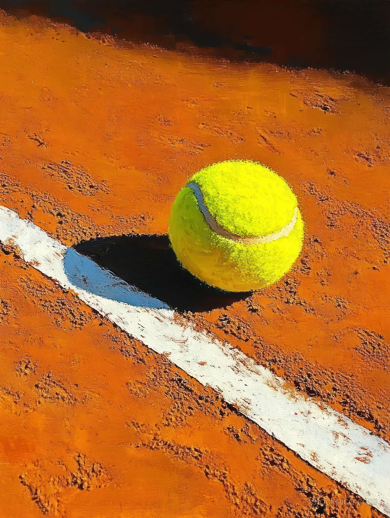 Bright yellow tennis ball sits on an orange clay tennis court beside a white line with a sharp shadow.