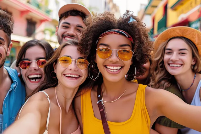 Smiling multiracial young friends posing outdoors on a busy city street with colorful signs